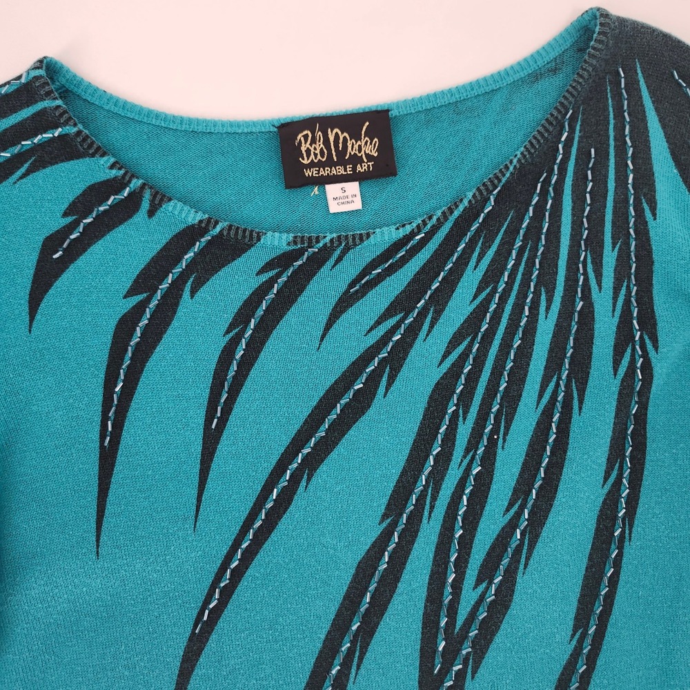 Bob Mackie Womens Sweater Teal Blue Beaded Knit Top Size S Contemporary Chic
